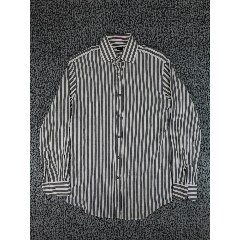 Paul Smith Button Down Shirt Mens 15/38 Grey White Striped Linen Cotton Italy